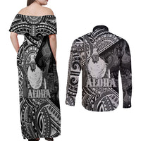 Hawaii King Kamehameha Couples Matching Off Shoulder Maxi Dress and Long Sleeve Button Shirt With Hawaiian Ipu Motifs Black Version