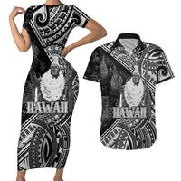 Hawaii King Kamehameha Couples Matching Short Sleeve Bodycon Dress and Hawaiian Shirt With Hawaiian Ipu Motifs Black Version LT05 Black - Polynesian Pride