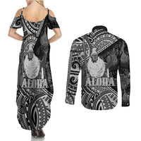 Hawaii King Kamehameha Couples Matching Summer Maxi Dress and Long Sleeve Button Shirt With Hawaiian Ipu Motifs Black Version