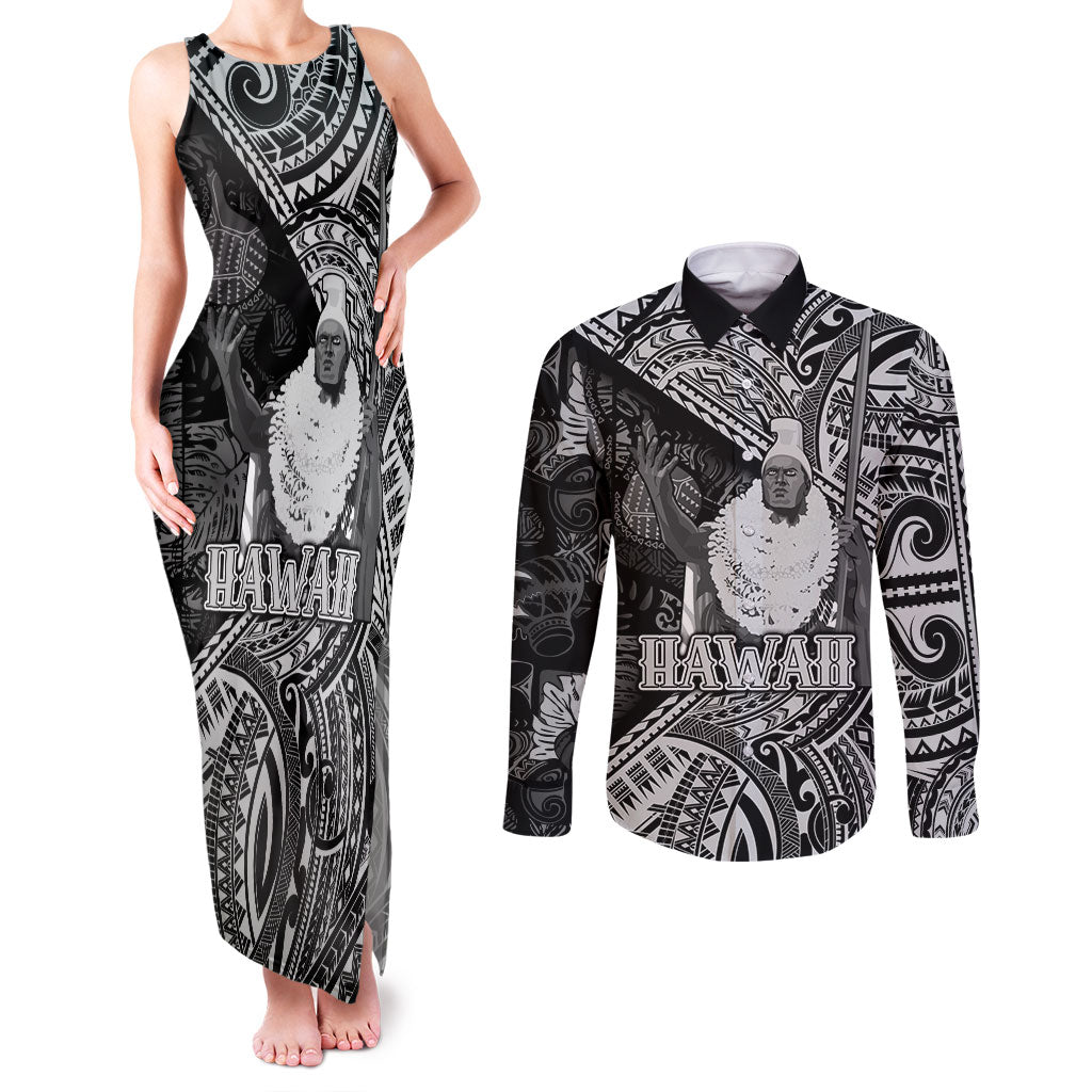 Hawaii King Kamehameha Couples Matching Tank Maxi Dress and Long Sleeve Button Shirt With Hawaiian Ipu Motifs Black Version