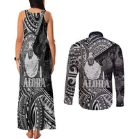 Hawaii King Kamehameha Couples Matching Tank Maxi Dress and Long Sleeve Button Shirt With Hawaiian Ipu Motifs Black Version