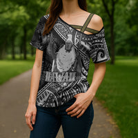 Hawaii King Kamehameha Cross Shoulder Shirt With Hawaiian Ipu Motifs Black Version