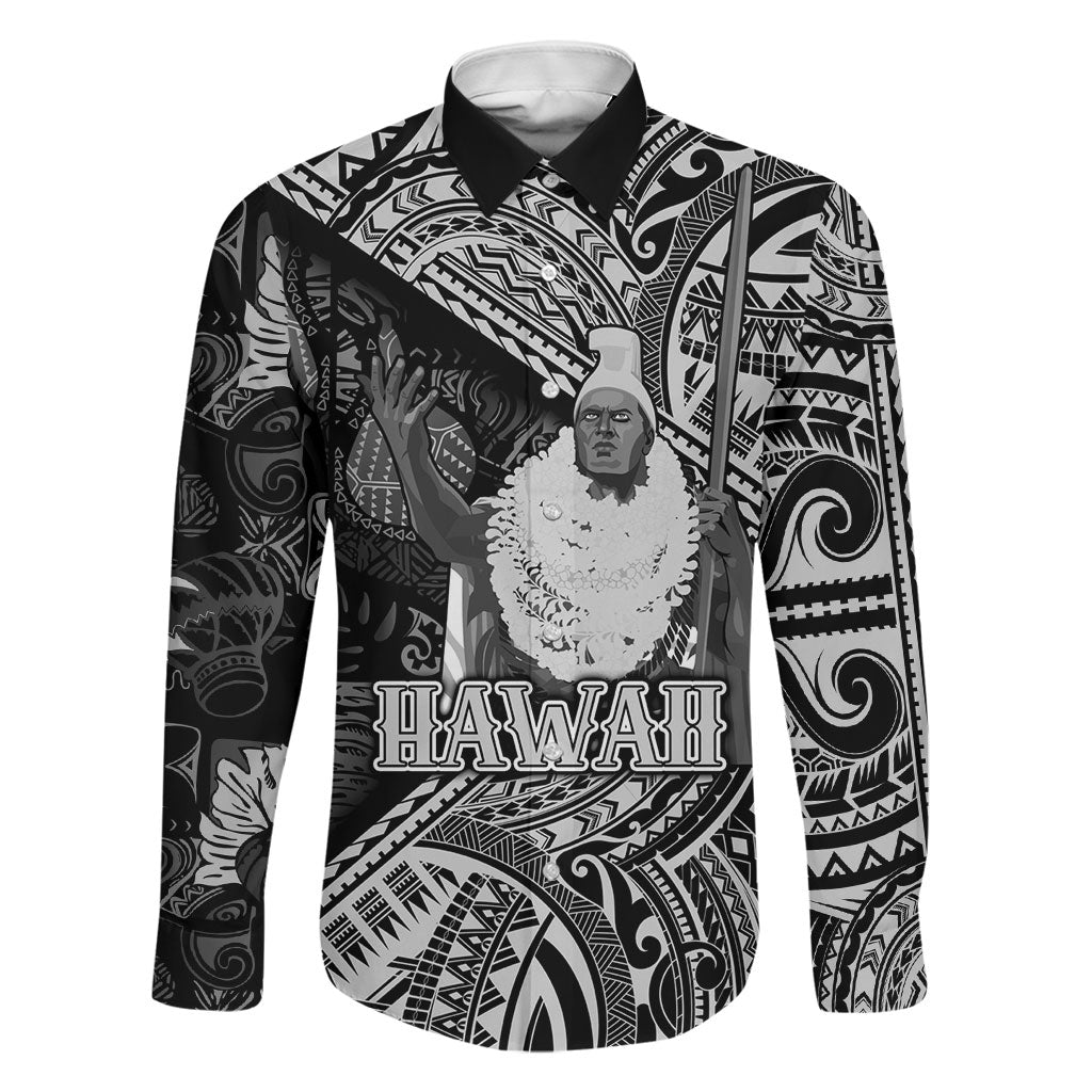 Hawaii King Kamehameha Family Matching Off Shoulder Maxi Dress and Hawaiian Shirt With Hawaiian Ipu Motifs Black Version LT05 Dad's Shirt - Long Sleeve Black - Polynesian Pride