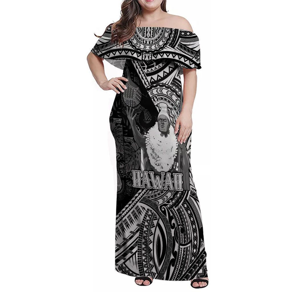 Hawaii King Kamehameha Family Matching Off Shoulder Maxi Dress and Hawaiian Shirt With Hawaiian Ipu Motifs Black Version LT05 Mom's Dress Black - Polynesian Pride