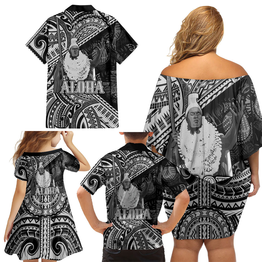 Hawaii King Kamehameha Family Matching Off Shoulder Short Dress and Hawaiian Shirt With Hawaiian Ipu Motifs Black Version LT05 - Polynesian Pride