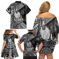 Hawaii King Kamehameha Family Matching Off Shoulder Short Dress and Hawaiian Shirt With Hawaiian Ipu Motifs Black Version LT05 - Polynesian Pride