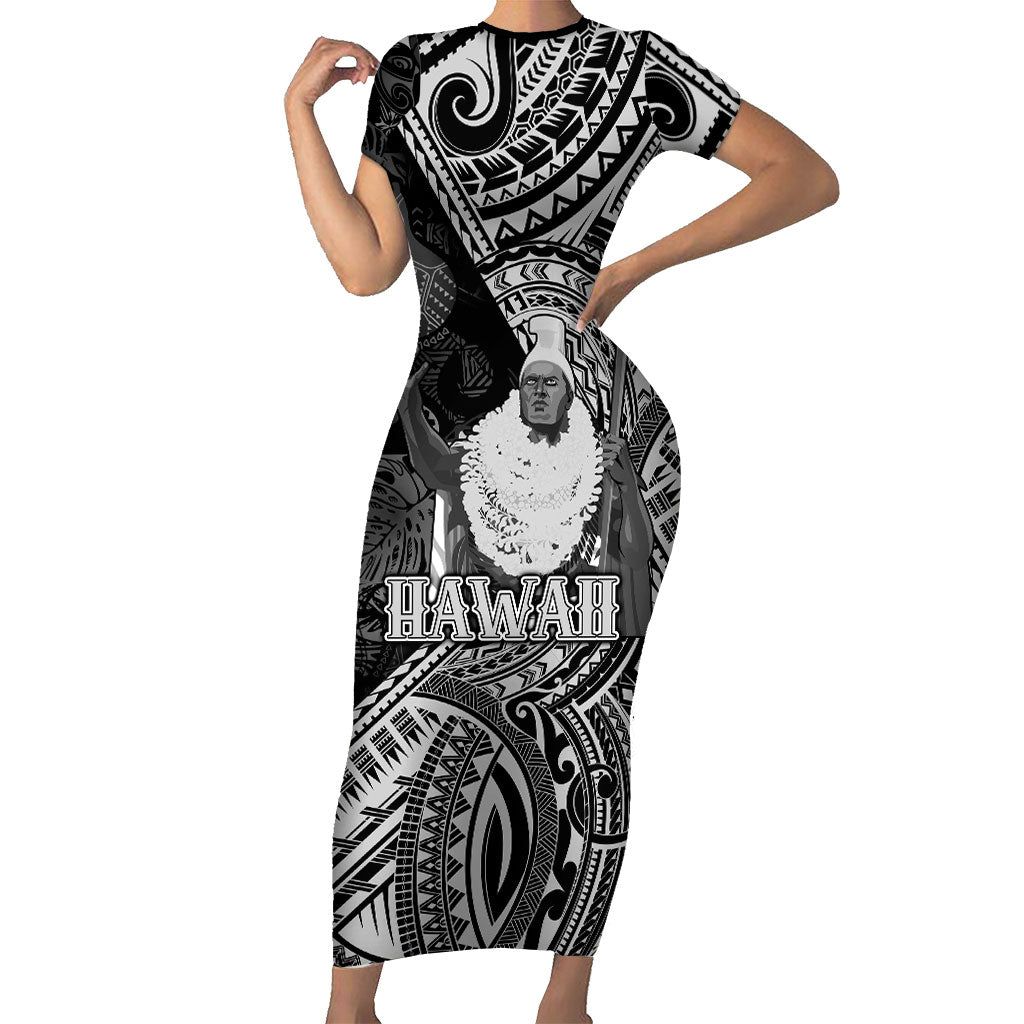 Hawaii King Kamehameha Family Matching Short Sleeve Bodycon Dress and Hawaiian Shirt With Hawaiian Ipu Motifs Black Version LT05 Mom's Dress Black - Polynesian Pride