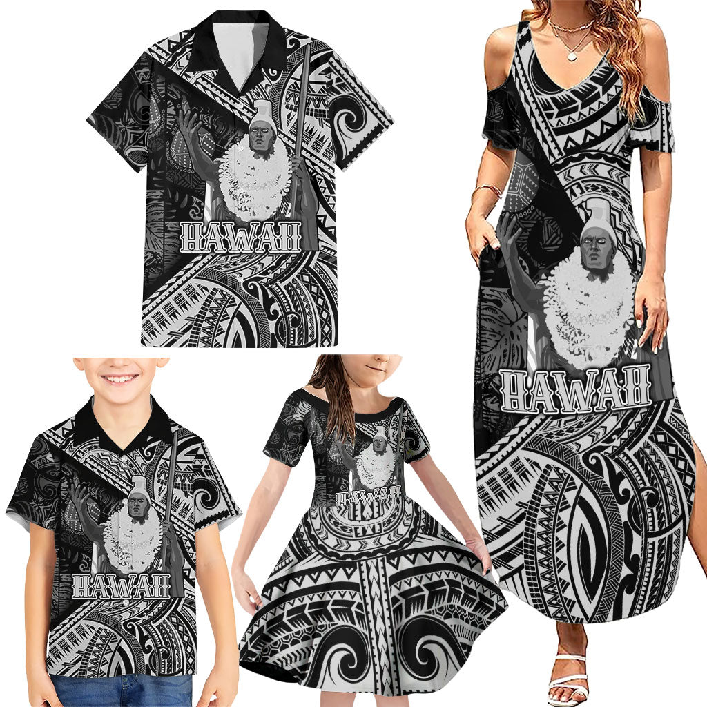 Hawaii King Kamehameha Family Matching Summer Maxi Dress and Hawaiian Shirt With Hawaiian Ipu Motifs Black Version