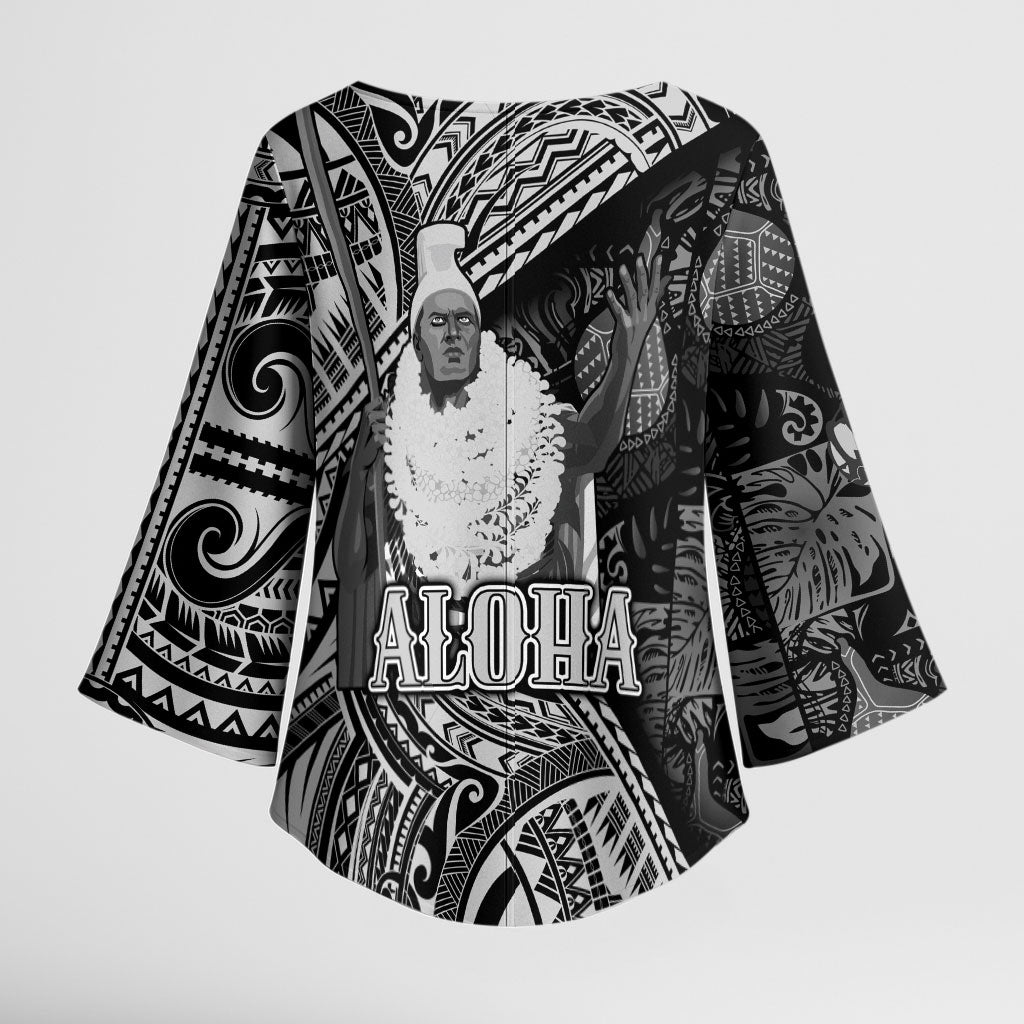 Hawaii King Kamehameha Kimono Sleeve Blouse With Hawaiian Ipu Motifs Black Version