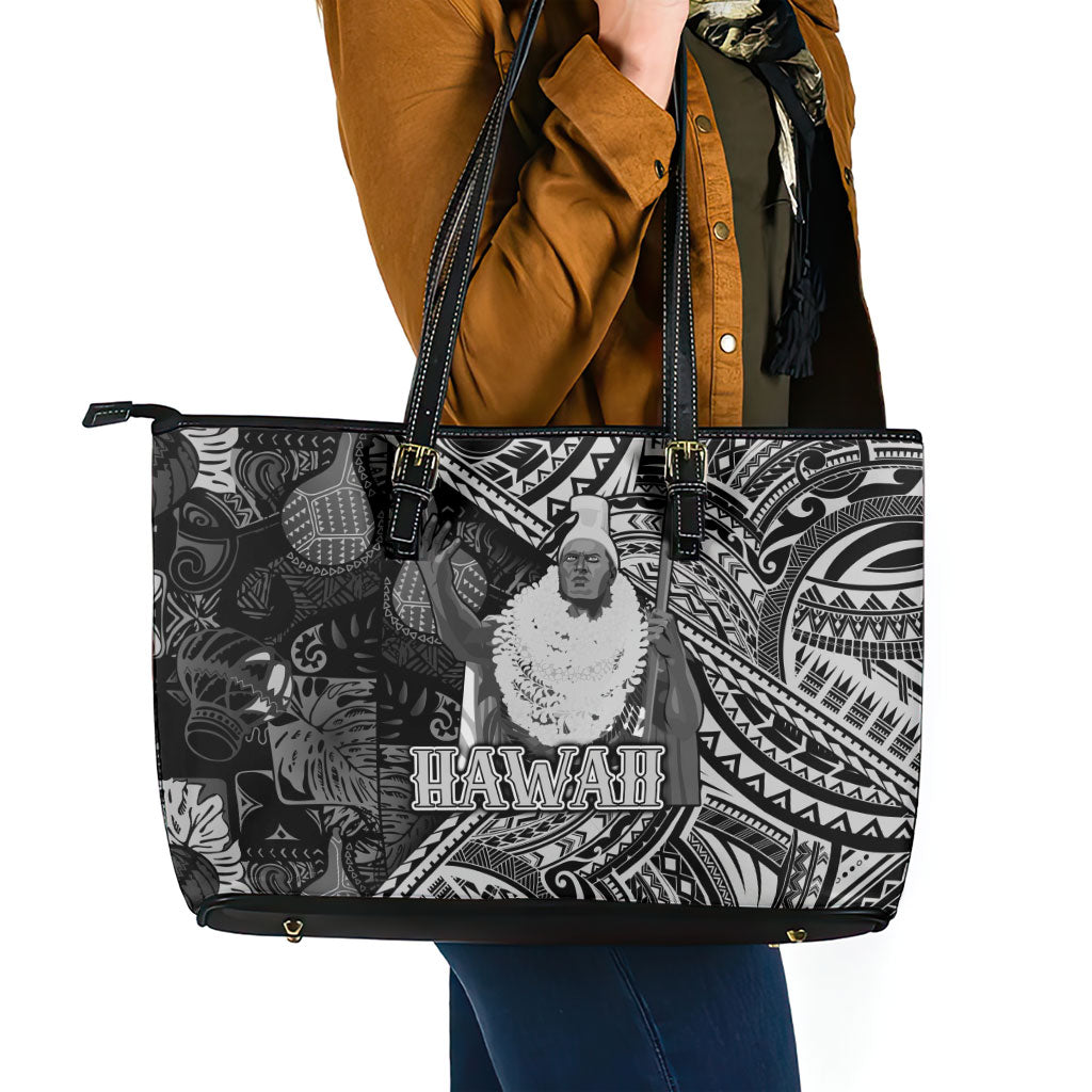 Hawaii King Kamehameha Leather Tote Bag With Hawaiian Ipu Motifs Black Version