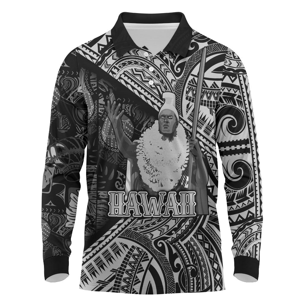 Hawaii King Kamehameha Long Sleeve Polo Shirt With Hawaiian Ipu Motifs Black Version