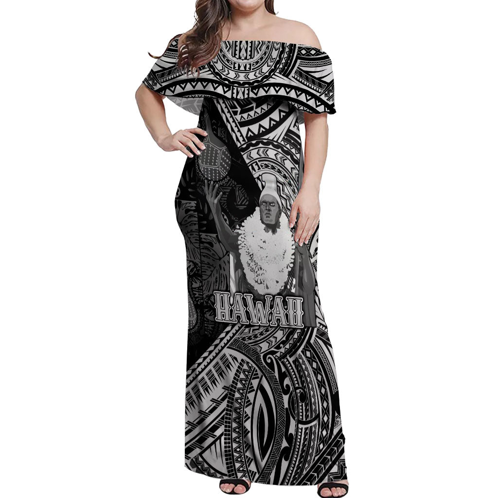 Hawaii King Kamehameha Off Shoulder Maxi Dress With Hawaiian Ipu Motifs Black Version