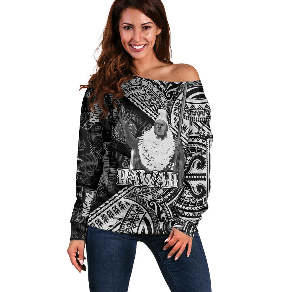 Hawaii King Kamehameha Off Shoulder Sweater With Hawaiian Ipu Motifs Black Version