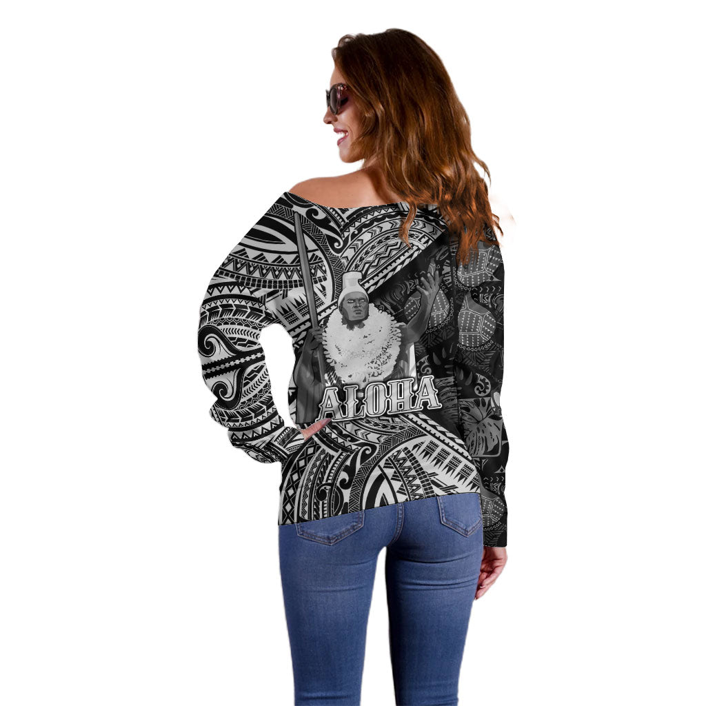 Hawaii King Kamehameha Off Shoulder Sweater With Hawaiian Ipu Motifs Black Version
