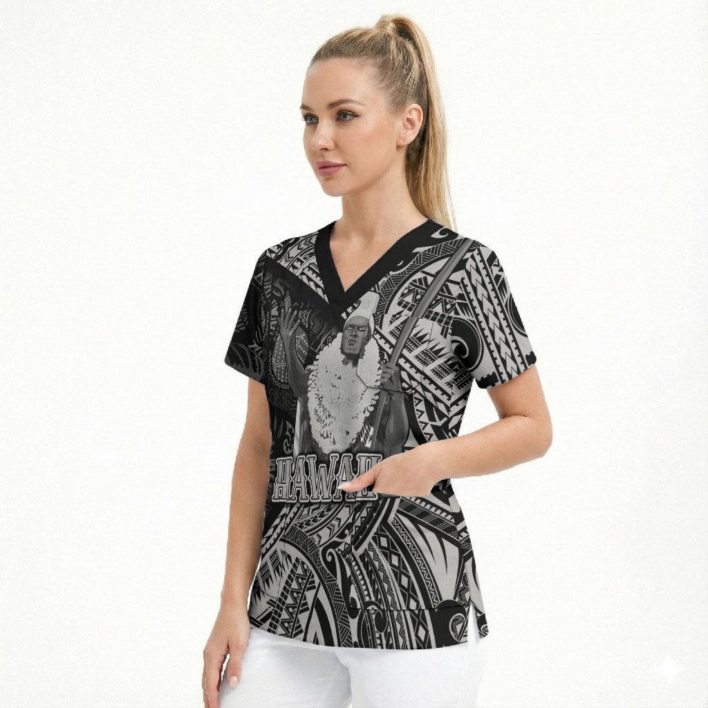 Hawaii King Kamehameha Scrub Top With Hawaiian Ipu Motifs Black Version