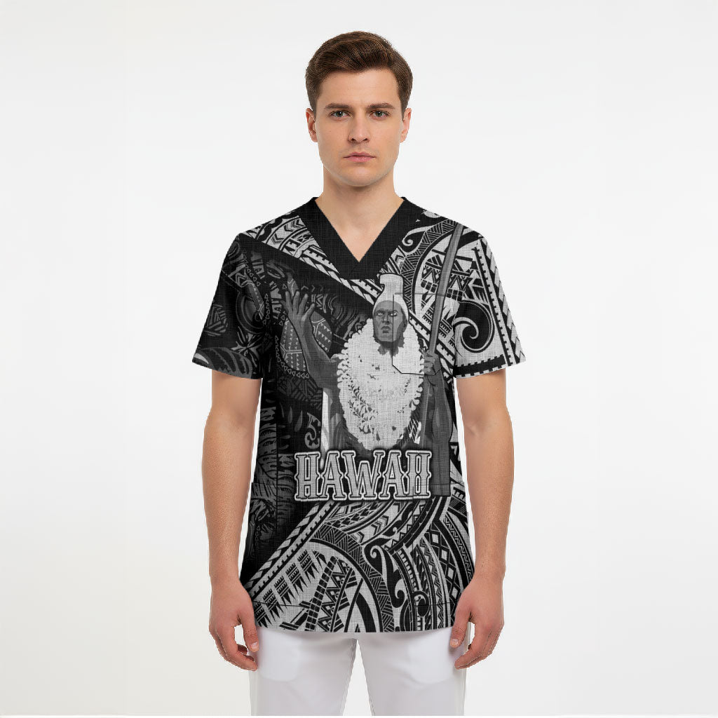 Hawaii King Kamehameha Scrub Top With Hawaiian Ipu Motifs Black Version