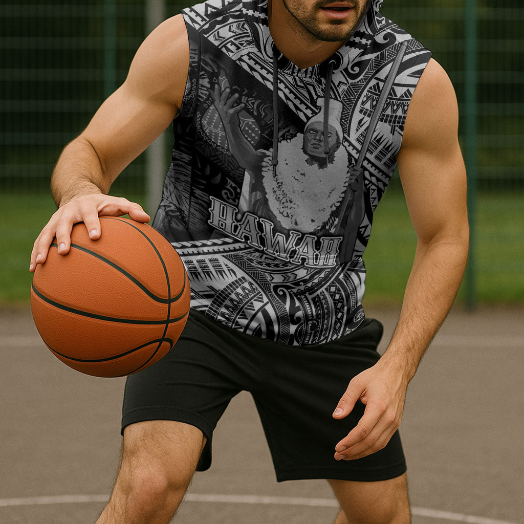 Hawaii King Kamehameha Sleeveless Hoodie With Hawaiian Ipu Motifs Black Version