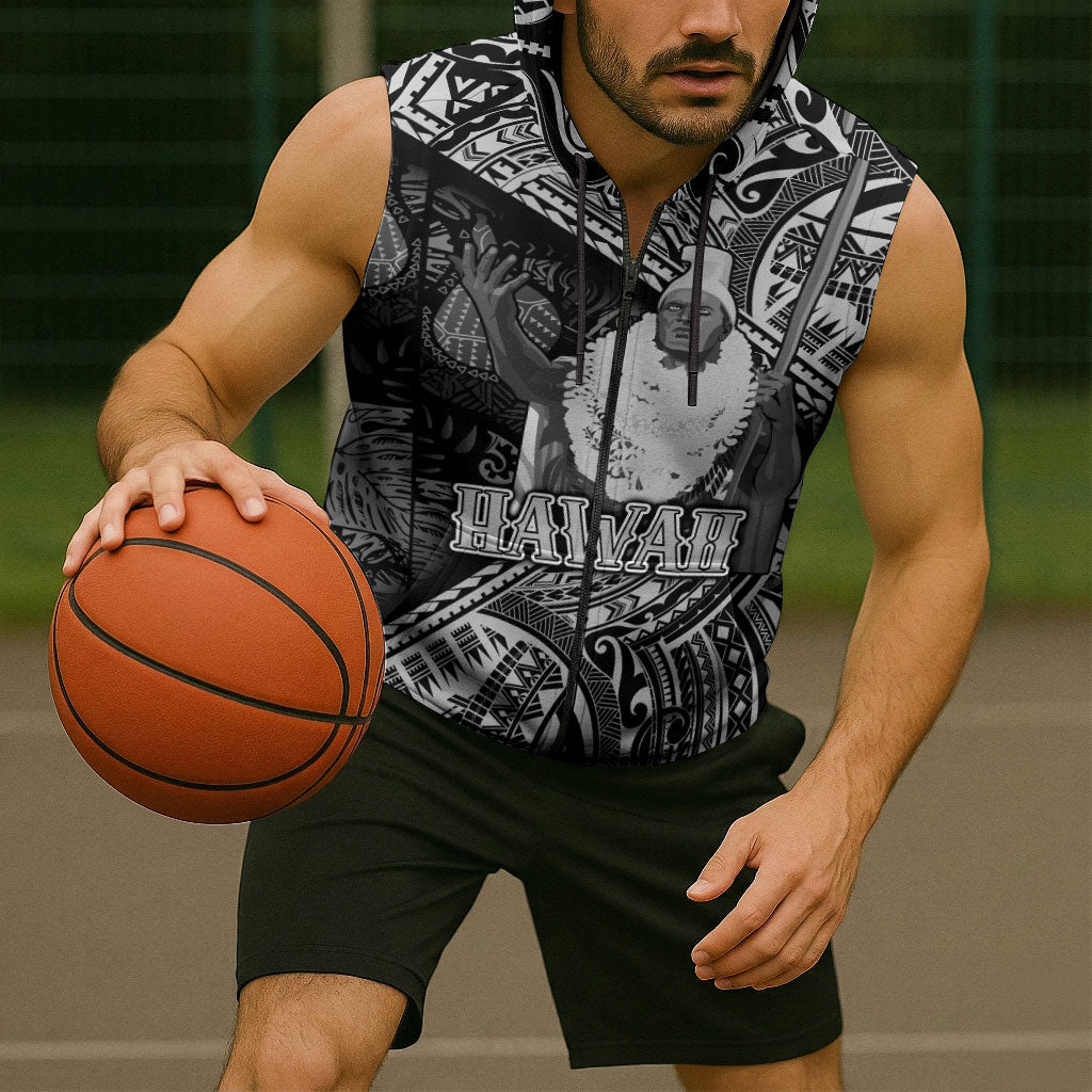Hawaii King Kamehameha Sleeveless Zip Hoodie With Hawaiian Ipu Motifs Black Version