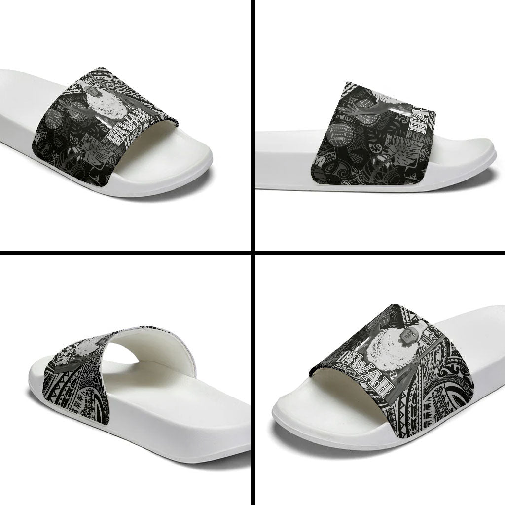 Hawaii King Kamehameha Slide Sandals With Hawaiian Ipu Motifs Black Version