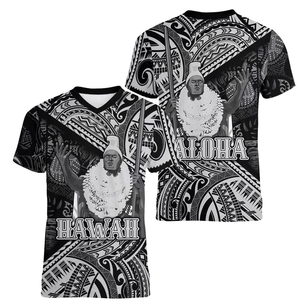 Hawaii King Kamehameha Women V-Neck T-Shirt With Hawaiian Ipu Motifs Black Version