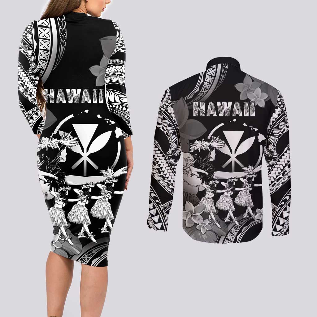 Hawaii Beautiful Hula Dancers Couples Matching Long Sleeve Bodycon Dress and Long Sleeve Button Shirt With Ipu Keke And Pahu Drum