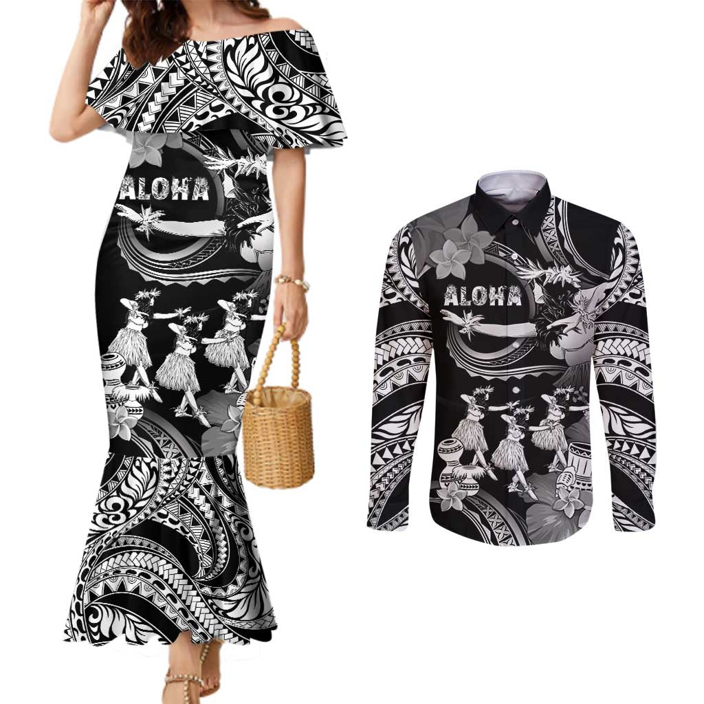 Hawaii Beautiful Hula Dancers Couples Matching Mermaid Dress and Long Sleeve Button Shirt With Ipu Keke And Pahu Drum