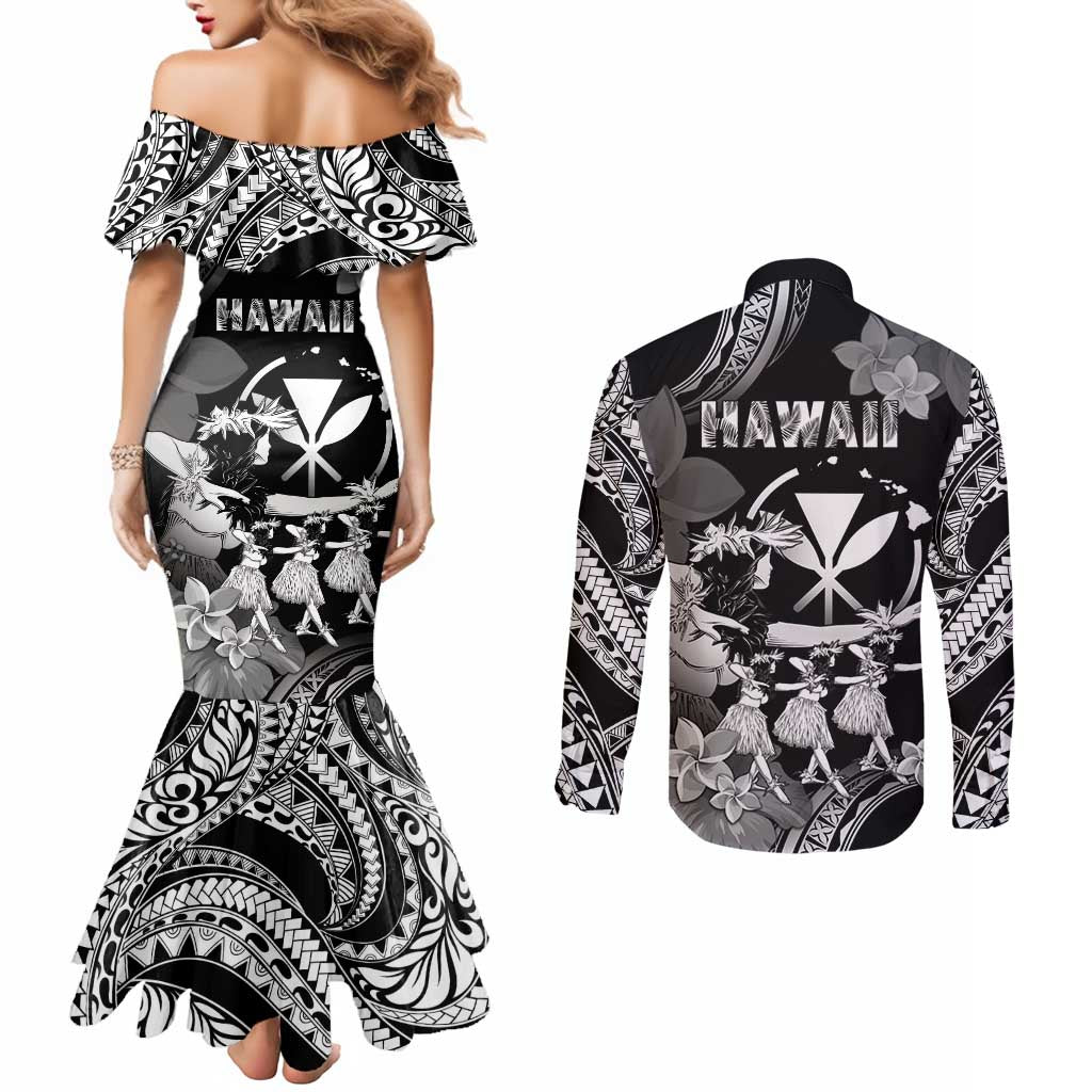 Hawaii Beautiful Hula Dancers Couples Matching Mermaid Dress and Long Sleeve Button Shirt With Ipu Keke And Pahu Drum