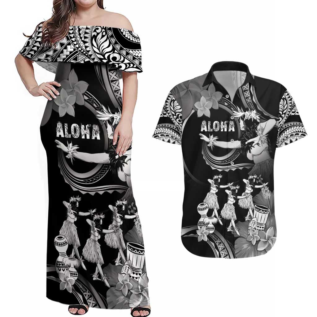 Hawaii Beautiful Hula Dancers Couples Matching Off Shoulder Maxi Dress and Hawaiian Shirt With Ipu Keke And Pahu Drum