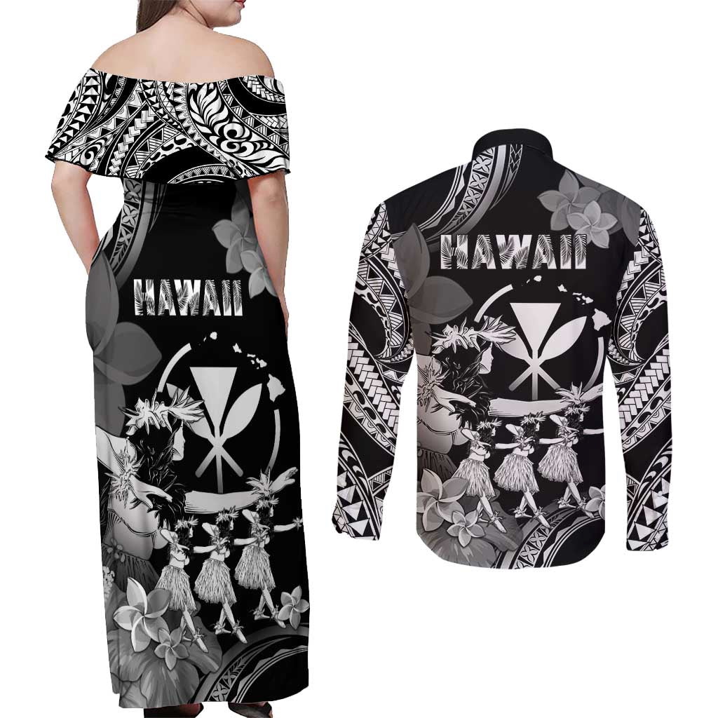 Hawaii Beautiful Hula Dancers Couples Matching Off Shoulder Maxi Dress and Long Sleeve Button Shirt With Ipu Keke And Pahu Drum