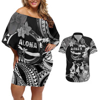 Hawaii Beautiful Hula Dancers Couples Matching Off Shoulder Short Dress and Hawaiian Shirt With Ipu Keke And Pahu Drum
