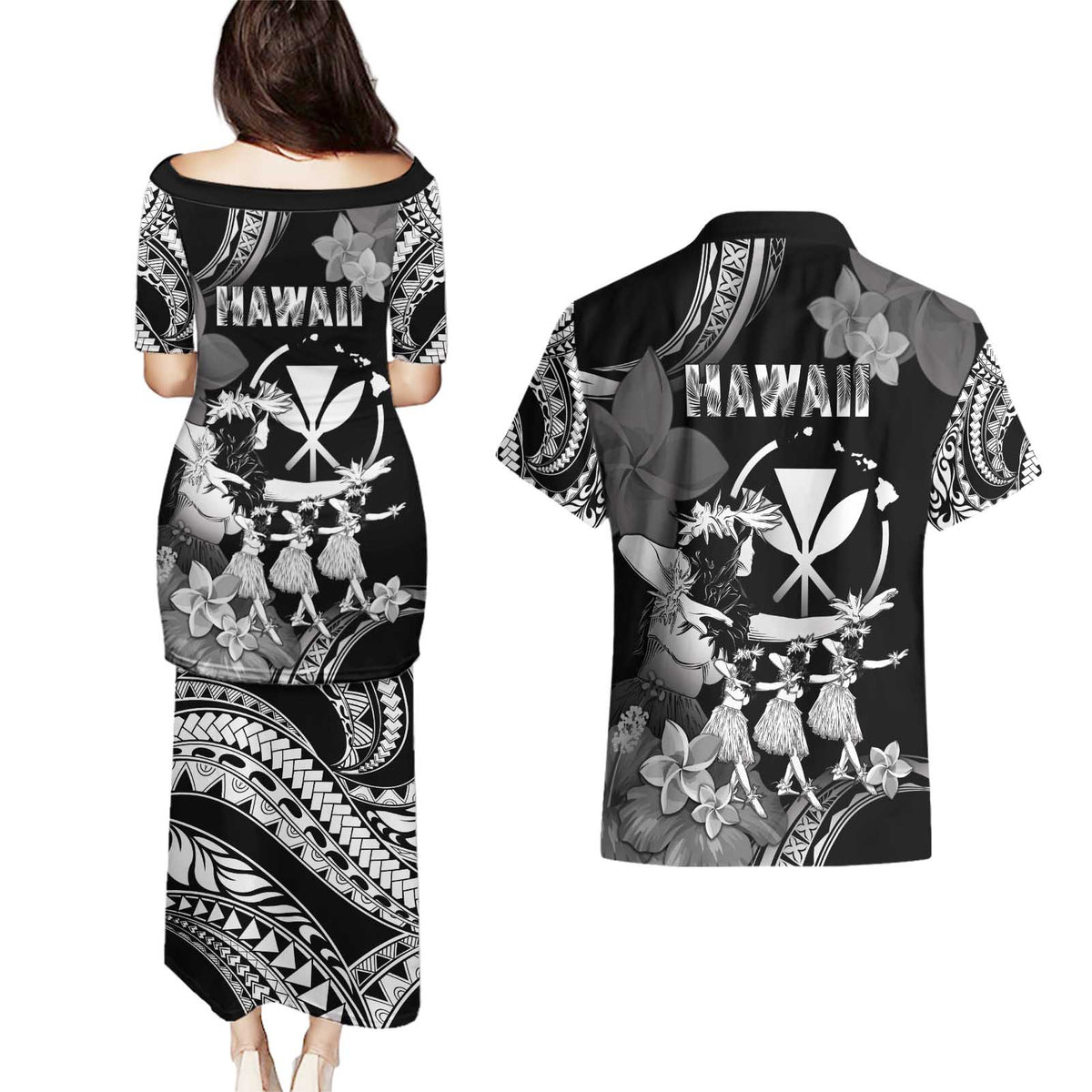 Hawaii Beautiful Hula Dancers Couples Matching Puletasi and Hawaiian Shirt With Ipu Keke And Pahu Drum