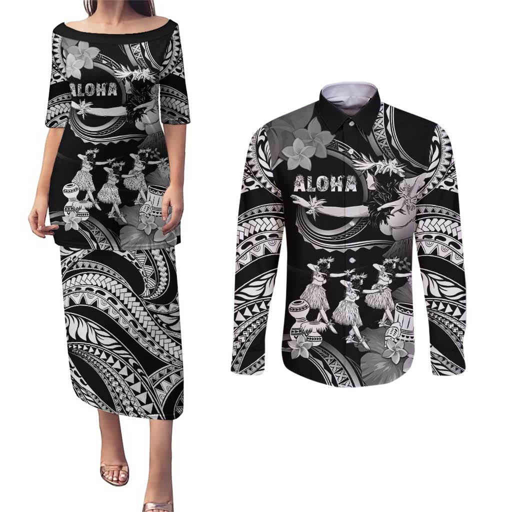 Hawaii Beautiful Hula Dancers Couples Matching Puletasi and Long Sleeve Button Shirt With Ipu Keke And Pahu Drum