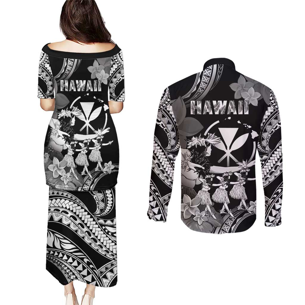 Hawaii Beautiful Hula Dancers Couples Matching Puletasi and Long Sleeve Button Shirt With Ipu Keke And Pahu Drum