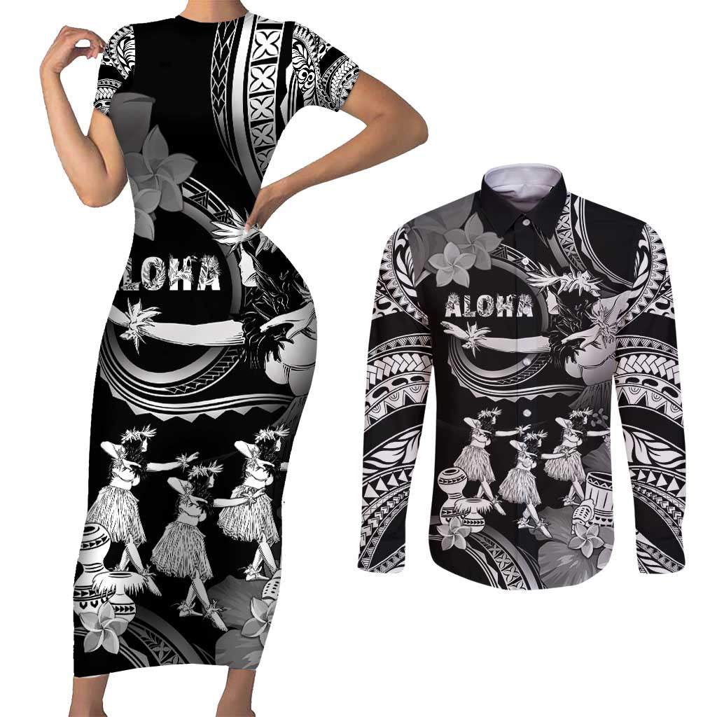 Hawaii Beautiful Hula Dancers Couples Matching Short Sleeve Bodycon Dress and Long Sleeve Button Shirt With Ipu Keke And Pahu Drum