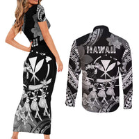 Hawaii Beautiful Hula Dancers Couples Matching Short Sleeve Bodycon Dress and Long Sleeve Button Shirt With Ipu Keke And Pahu Drum