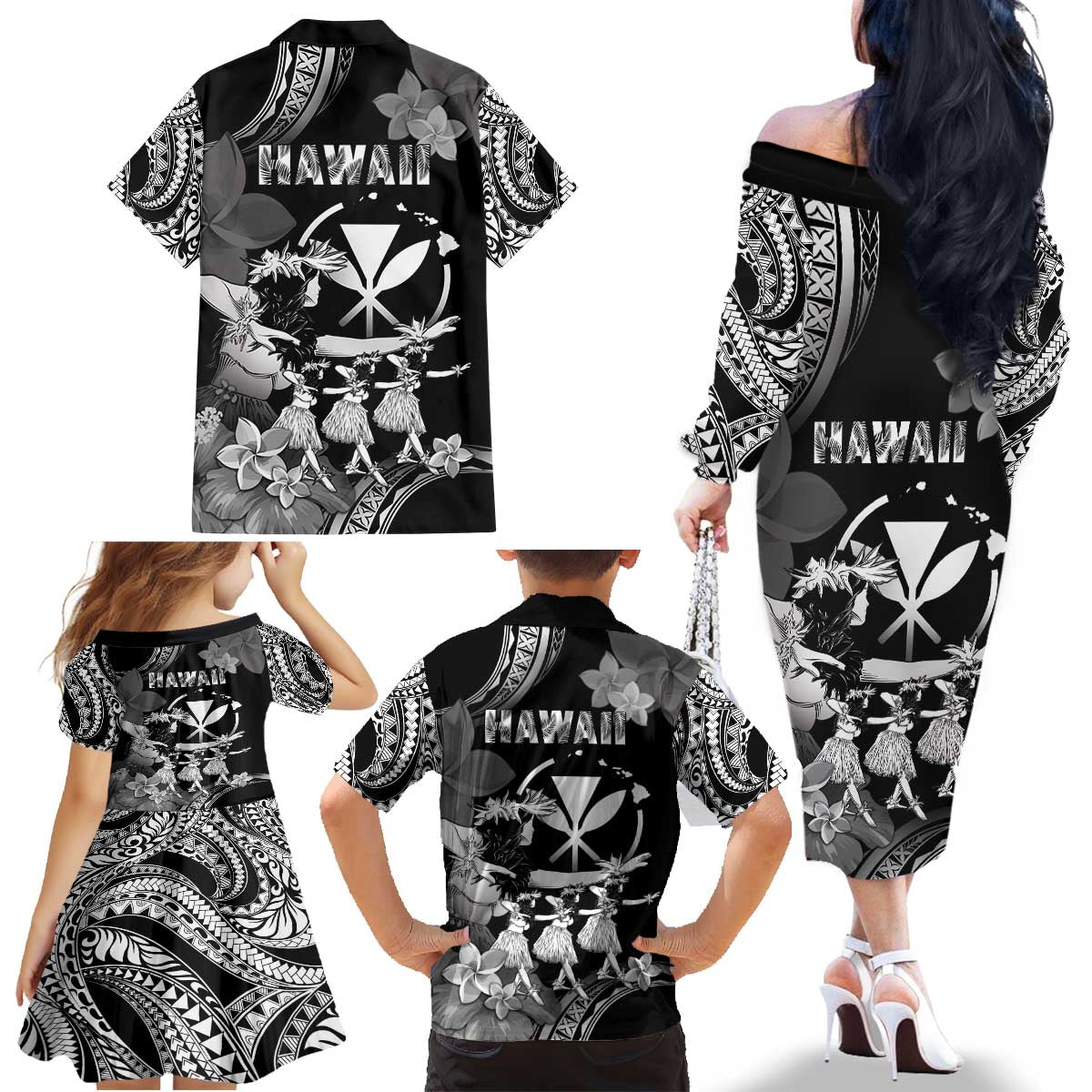 Hawaii Beautiful Hula Dancers Family Matching Off The Shoulder Long Sleeve Dress and Hawaiian Shirt With Ipu Keke And Pahu Drum