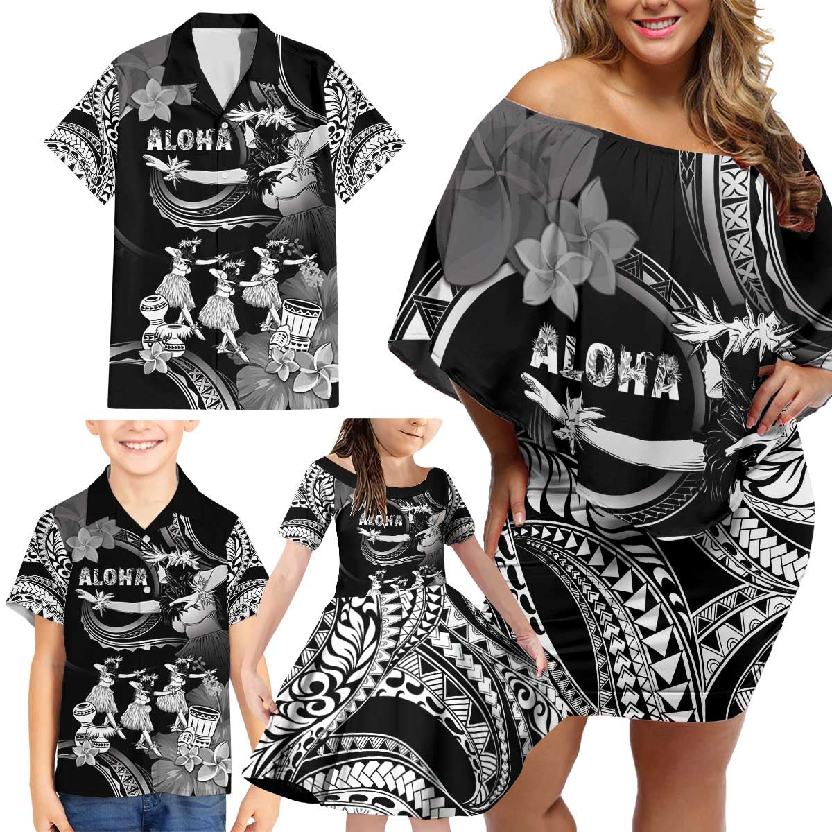 Hawaii Beautiful Hula Dancers Family Matching Off Shoulder Short Dress and Hawaiian Shirt With Ipu Keke And Pahu Drum