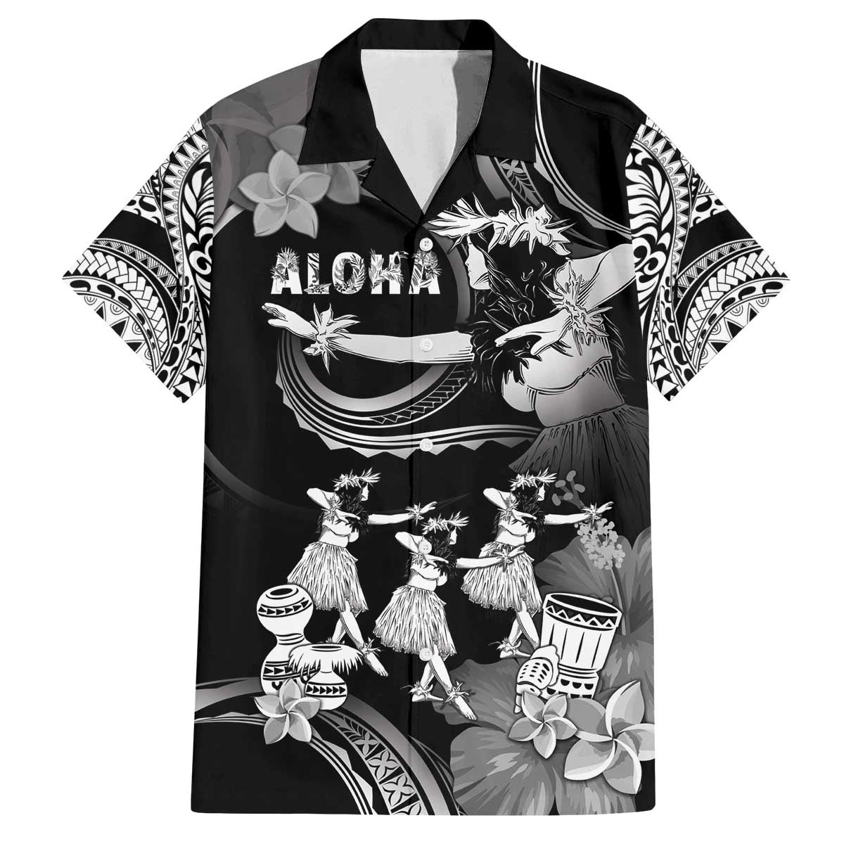 Hawaii Beautiful Hula Dancers Family Matching Puletasi and Hawaiian Shirt With Ipu Keke And Pahu Drum LT05 Dad's Shirt - Short Sleeve Black - Polynesian Pride