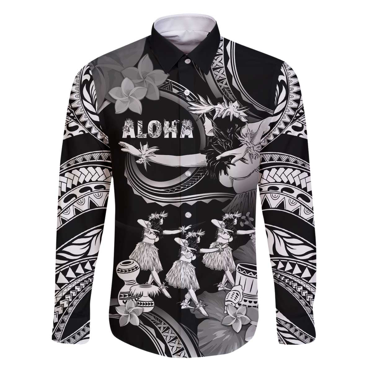 Hawaii Beautiful Hula Dancers Family Matching Puletasi and Hawaiian Shirt With Ipu Keke And Pahu Drum LT05 Dad's Shirt - Long Sleeve Black - Polynesian Pride