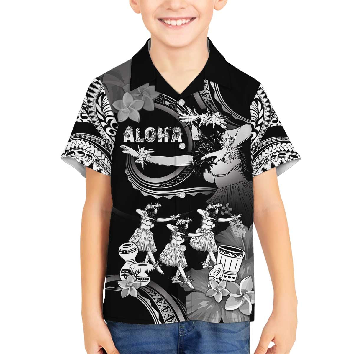 Hawaii Beautiful Hula Dancers Family Matching Puletasi and Hawaiian Shirt With Ipu Keke And Pahu Drum LT05 Son's Shirt Black - Polynesian Pride