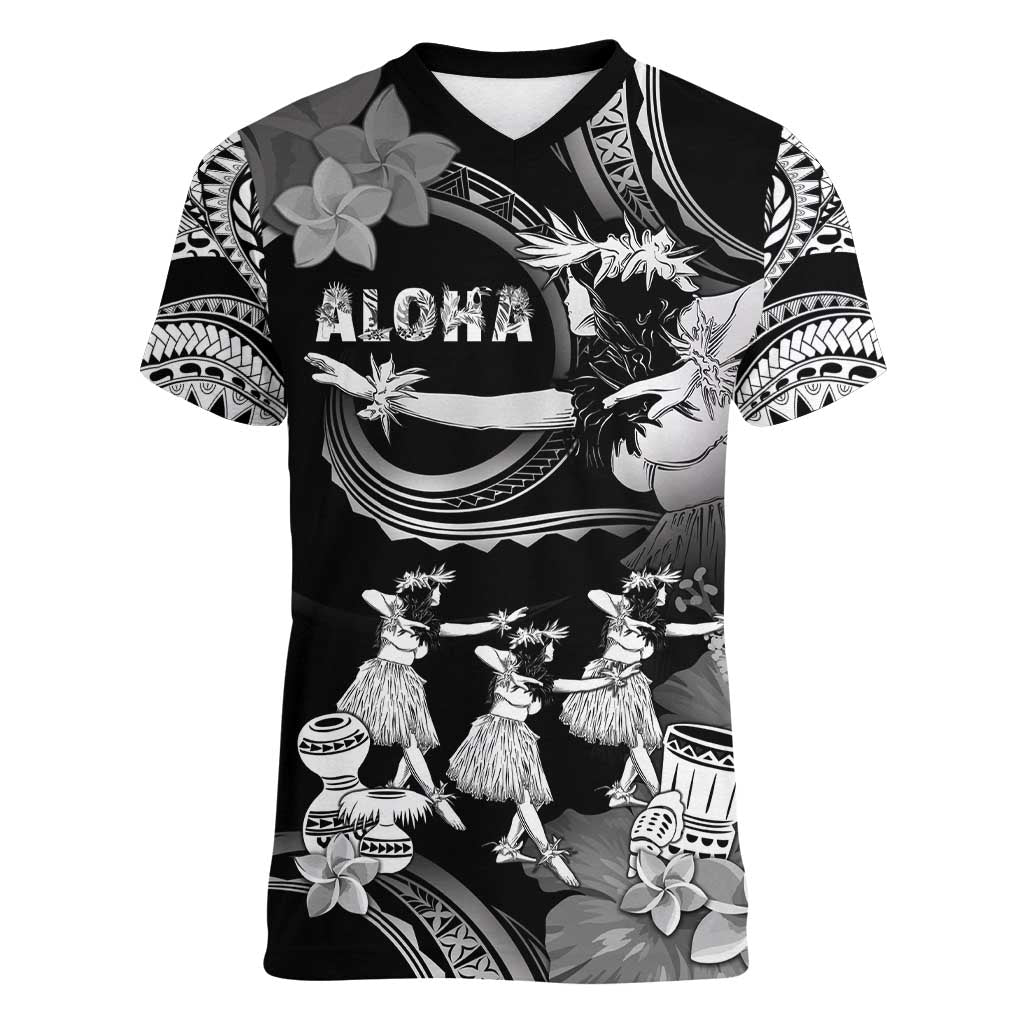 Hawaii Beautiful Hula Dancers Women V-Neck T-Shirt With Ipu Keke And Pahu Drum
