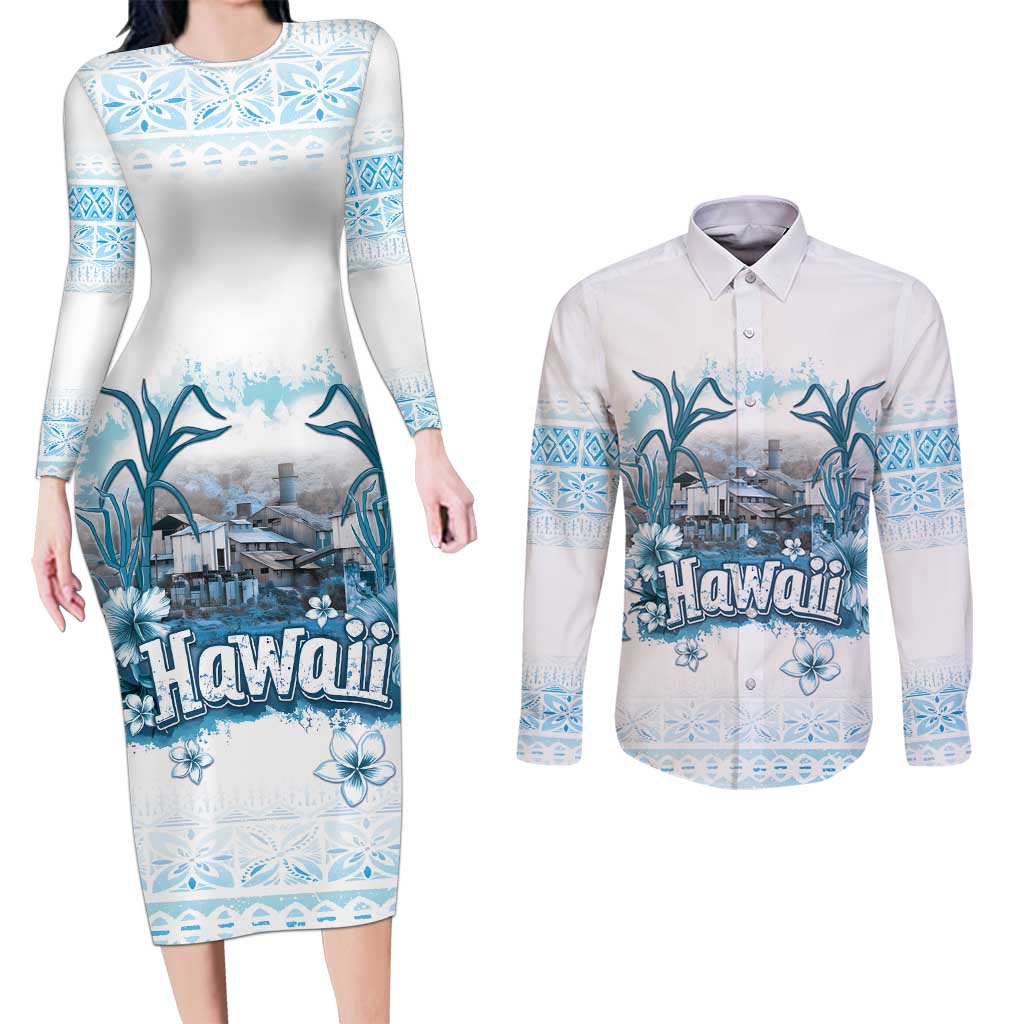Hawaii Sugar Plantation Couples Matching Long Sleeve Bodycon Dress and Long Sleeve Button Shirt With Hawaiian Tapa Pattern
