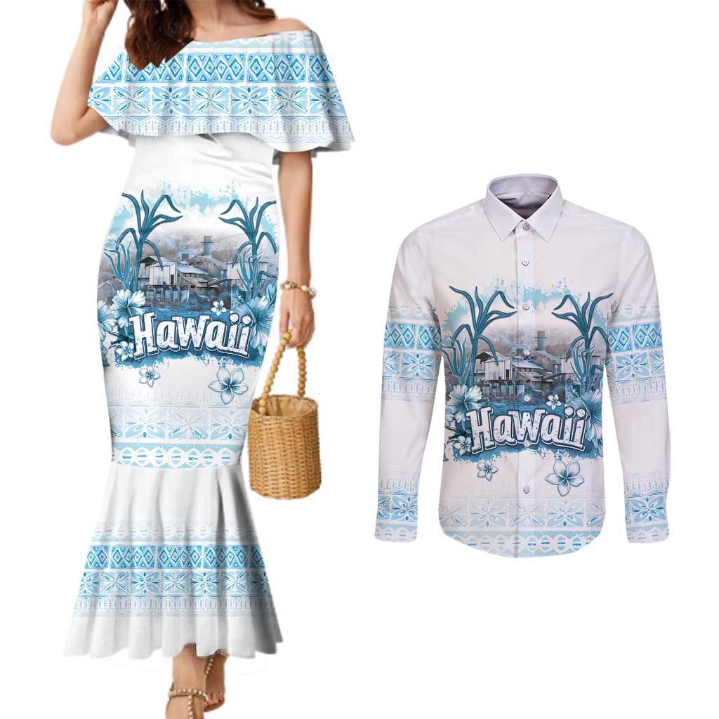 Hawaii Sugar Plantation Couples Matching Mermaid Dress and Long Sleeve Button Shirt With Hawaiian Tapa Pattern