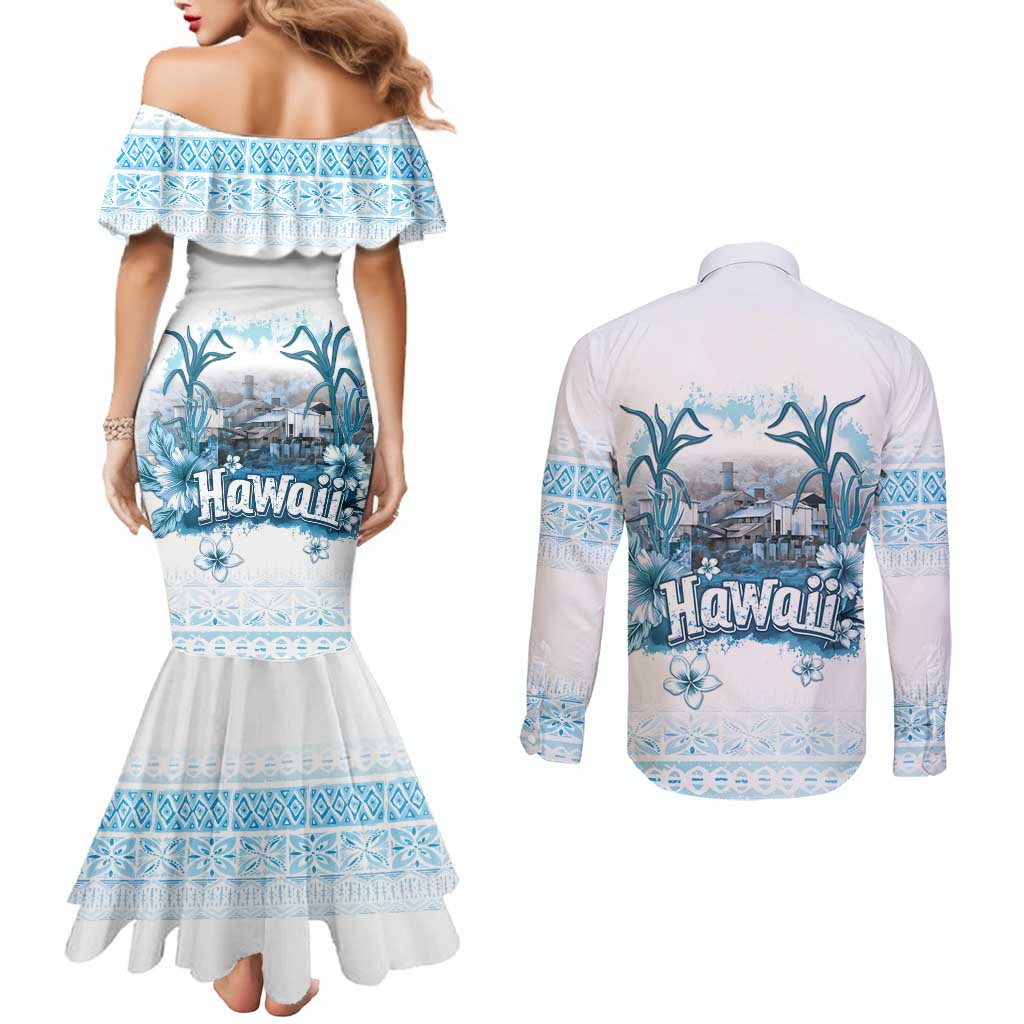 Hawaii Sugar Plantation Couples Matching Mermaid Dress and Long Sleeve Button Shirt With Hawaiian Tapa Pattern
