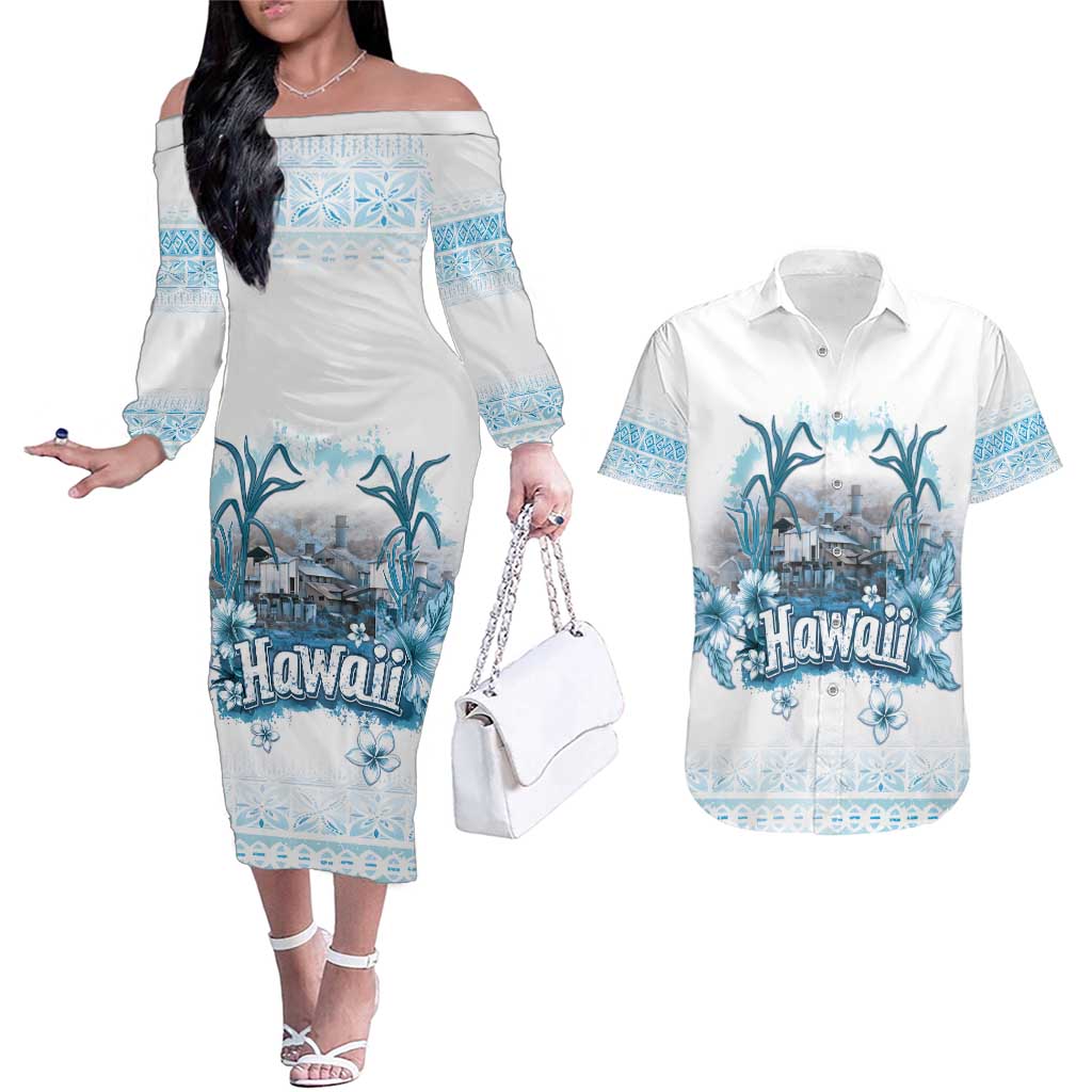Hawaii Sugar Plantation Couples Matching Off The Shoulder Long Sleeve Dress and Hawaiian Shirt With Hawaiian Tapa Pattern