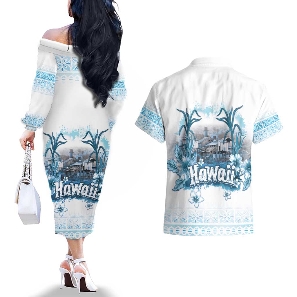 Hawaii Sugar Plantation Couples Matching Off The Shoulder Long Sleeve Dress and Hawaiian Shirt With Hawaiian Tapa Pattern