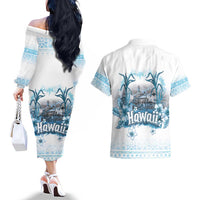 Hawaii Sugar Plantation Couples Matching Off The Shoulder Long Sleeve Dress and Hawaiian Shirt With Hawaiian Tapa Pattern