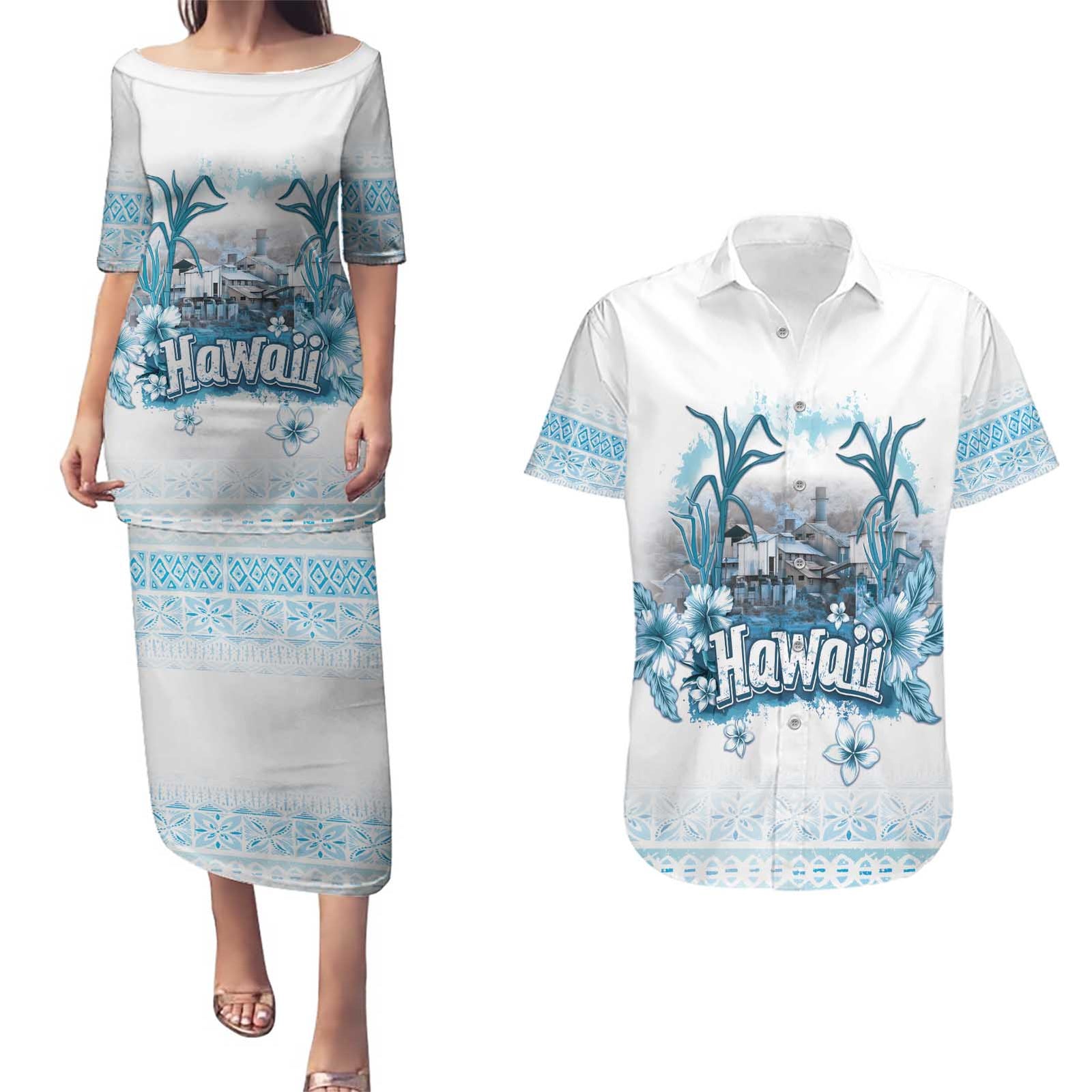 Hawaii Sugar Plantation Couples Matching Puletasi and Hawaiian Shirt With Hawaiian Tapa Pattern