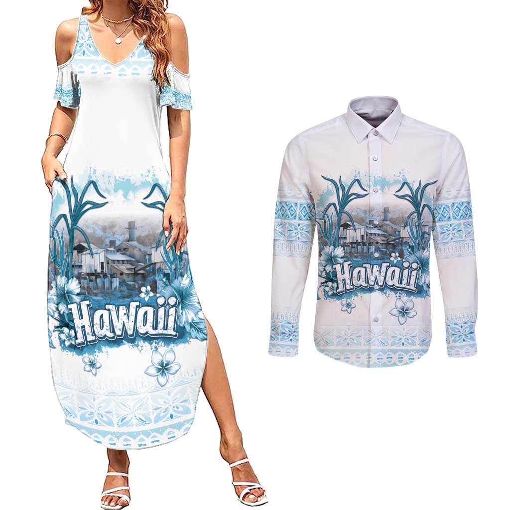 Hawaii Sugar Plantation Couples Matching Summer Maxi Dress and Long Sleeve Button Shirt With Hawaiian Tapa Pattern