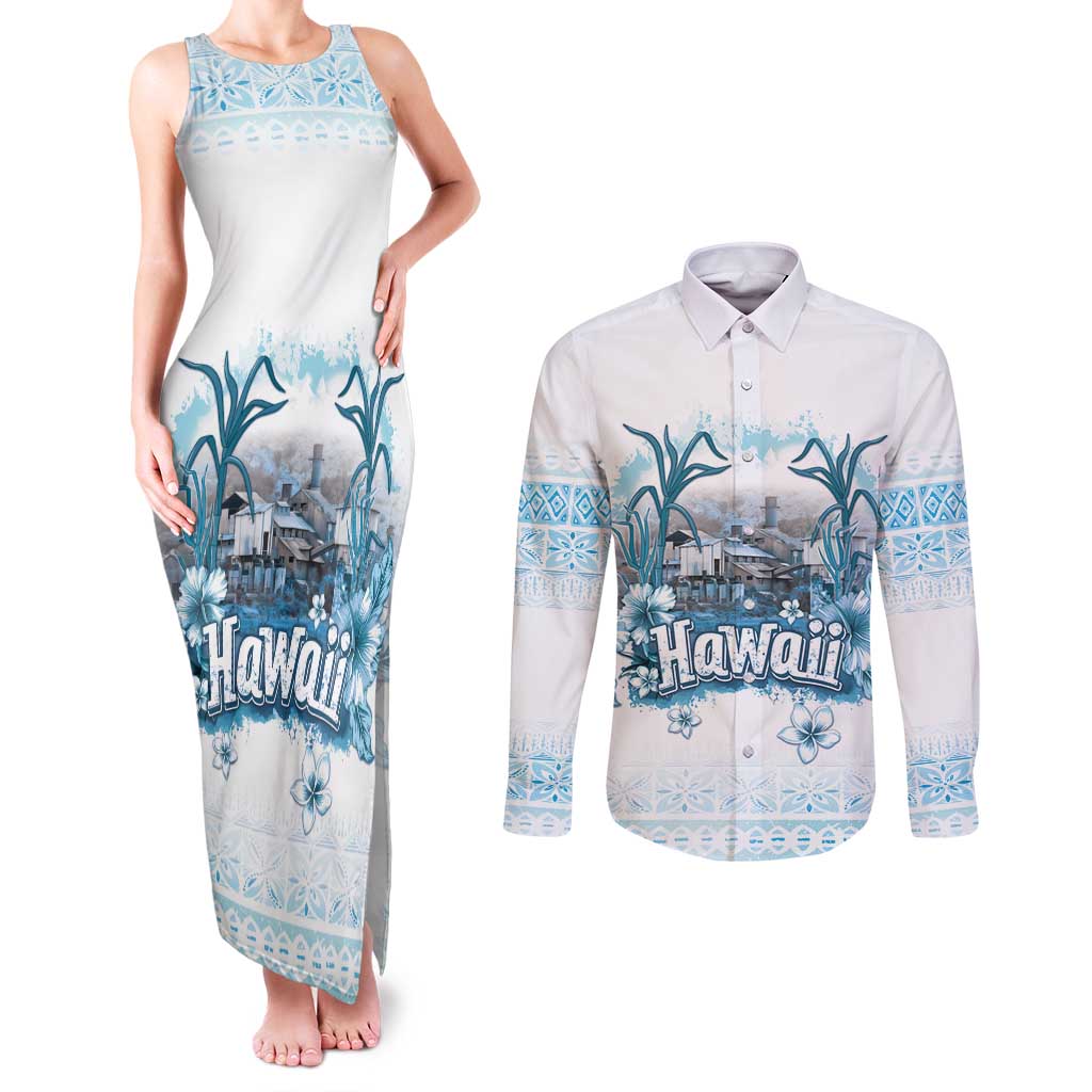 Hawaii Sugar Plantation Couples Matching Tank Maxi Dress and Long Sleeve Button Shirt With Hawaiian Tapa Pattern